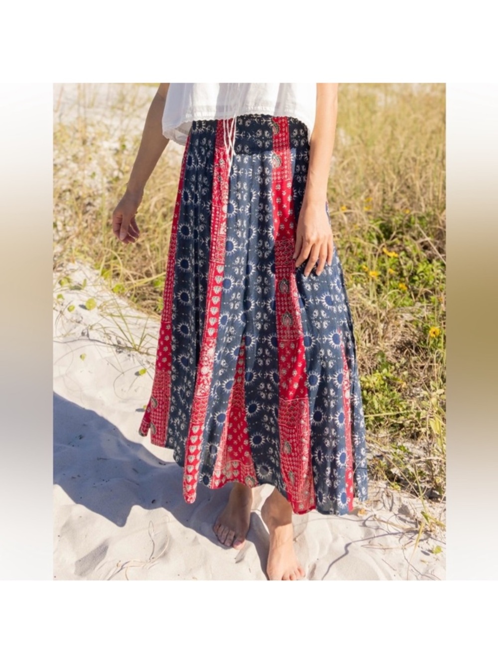 NWT Natural Life Navy and Red Hankerchief Patchwork Side Slit Boho Maxi Skirt - Picture 2 of 10